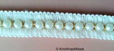 Off White Thread Trim With Pearl Embellishments, Dyeable Trim, Approx. 24mm Wide